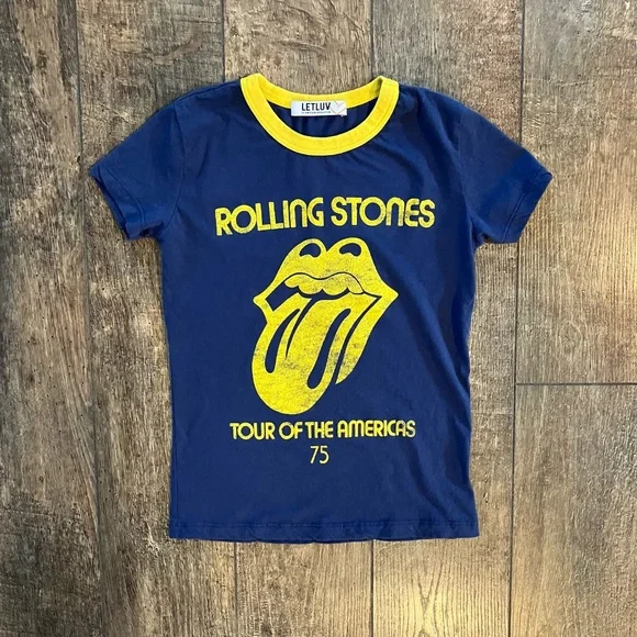 anthropologie / letluv rolling stones ringer graphic baby tee navy blue & yellow - Picture 4 of 8